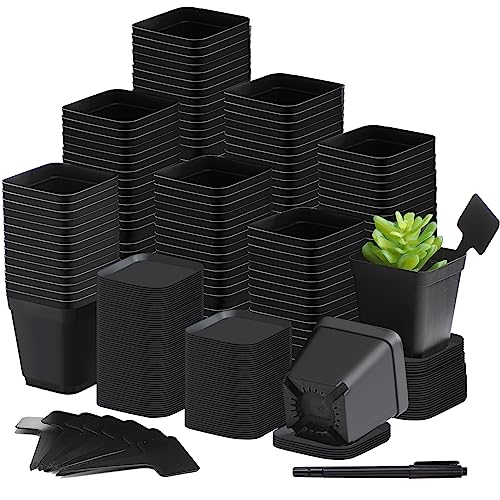 Zubebe 140 Pcs Plastic Plant Pots with Saucers, T Type Plant Labels, and Marking Pen for Indoor and Outdoor Use, Black - color: Black