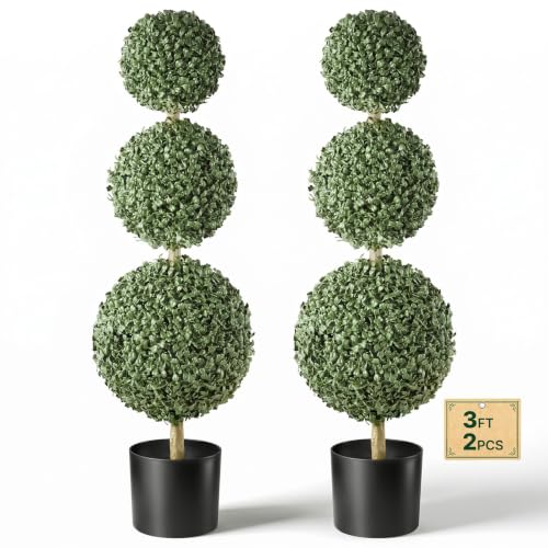 VEVOR Artificial Boxwood Topiary Triple Ball 3 Ft Set of 2 Greenery Decor - color: Green, size: 3FT