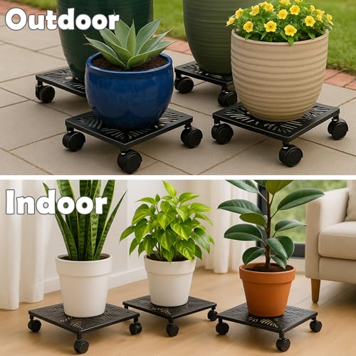1-Pack 12 Inches Square Metal Plant Caddy with Wheels Heavy Duty Large Rolling Plant Stand Indoor Outdoor Wheeled Planter Dolly Cart with Lockable Casters Flower Pot Mover Roller Trolley, Black