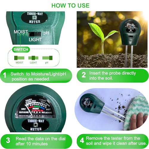 Soil Probe All-in-One pH/Moisture/Light Tester Digital Plant Care Soil Meter for Garden, Lawn, Farm, Indoor & Outdoor Use Promotes Healthy Plant Growth (Green ST-01) (Black) - color: black