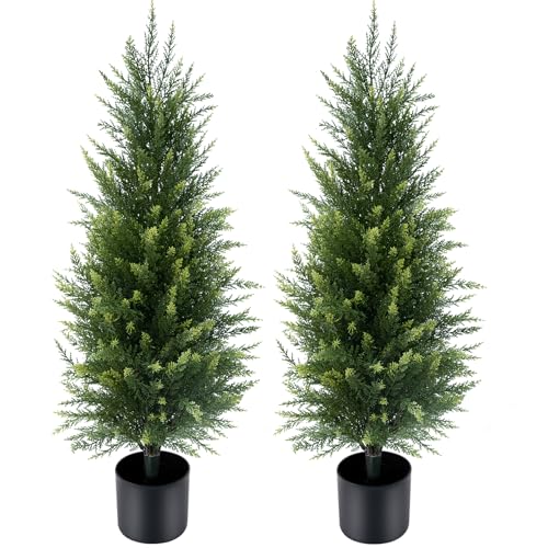 3 ft Artificial Cedar Topiary Trees Set of 2 Front Porch - color: Green, size: 3FT