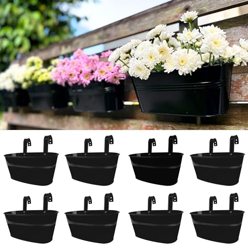 LaLaGreen Outdoor Plants Rail Planter (11.2 Inch, 8 Pack) Black Metal Iron Hanging Flower Pots Deck Railings Fence Buckets Modern Garden Boho Style Wall Mount Window Box Plant Holder Hooks Porch Decor - size: 11.2" (28cm) x 8 Pack