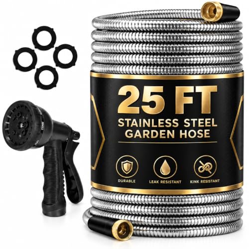25FT Garden Hose, Stainless Steel Water Hose Solid Fittings,No-Kink, Metal Garden Hoses,Anti-Rust Heavy Duty Water Hoses for Yard,Car Wash Outdoor Lawn Watering Plants - size: 25FT