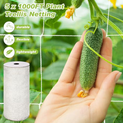 Berlune 5 x 1000 ft Trellis Netting Roll Heavy Duty Nylon Garden Trellis Netting with 6 Inch Mesh Soft Plant Support Net for Climbing Plants, Grape Racks, Growing Support Bean, Pea, Tomatoes - size: 5 x 1000 ft