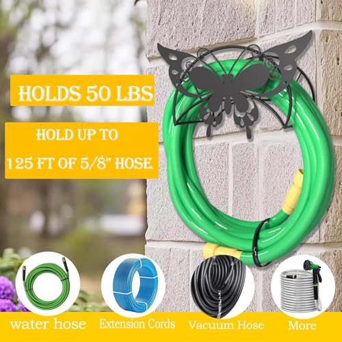 Garden Hose Holder Metal Wall Mount HeavyDuty 125'5/8"Butterfly Hose Hanger - color: Black Butterfly