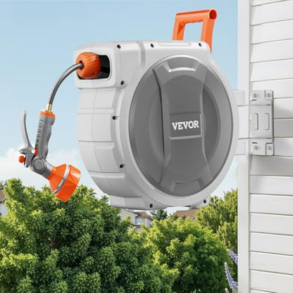 VEVOR Retractable Garden Hose Reel, 5/8 Inch x 100 ft Wall Mounted Hose Reel, Heavy Duty Garden Hose Reel with 9 Patterns Nozzle, Any Length Lock, Upgraded Slow Return System and 180°Swivel Bracket - size: 5/8 in x 100 ft