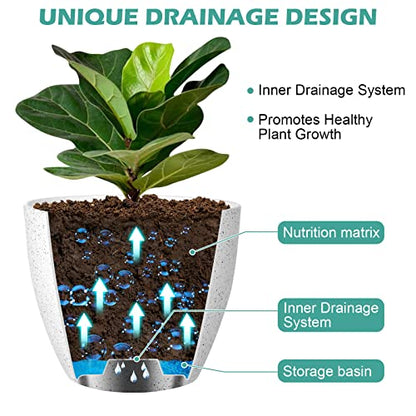 Vanavazon Plant Pots 9/8/7 Inch Set of 3 Flower Pots Indoor Outdoor Plastic Planters with Drainage Hole and Tray (Speckled White) - color: White