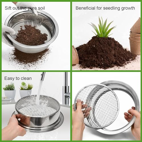 Soil Sieve Stainless Steel Riddle Sieve Set, 9.5" Diameter, Garden Sifter with 5 Filter Mesh Sizes 1,3,5,9,12mm and Bonsai Soil Scoops Gardening Tool - style: 151
