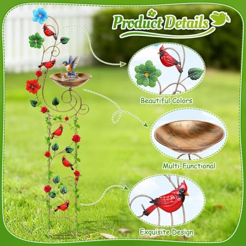 Metal Bird Bath with Trellis for Outside, 57” Height Birdbaths & Supports, Small Garden Decorative Trellises for Climbing Flowers Outdoor (Redbird) - style: Redbird