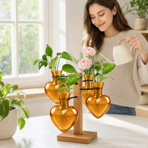 Plant Terrarium Propagation Station with 4 Heart Glass Vases - Amber - color: Amber