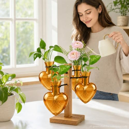 Plant Terrarium Propagation Station with 4 Heart Glass Vases - Amber - color: Amber
