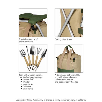 PICNIC TIME Disney Mickey Mouse Gardener Folding Seat with Tools, Folding Garden Stool with Detachable Tote and Hand Tool Set Organizer, Portable Gardening Chair, (Olive Green with Beige Accents) - color: Disney Mickey Mouse - Olive Green With Beige Accen