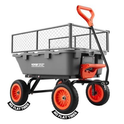 VEVOR 800LBS 7 CU.FT Poly Garden Cart Dump Wagon, Heavy Duty 4 Wheel Wheelbarrow with 10" Flat Free Tires, Yard Cart Dump Wagon with Removable Raised Sides and Quick-Release System - color: Grey01