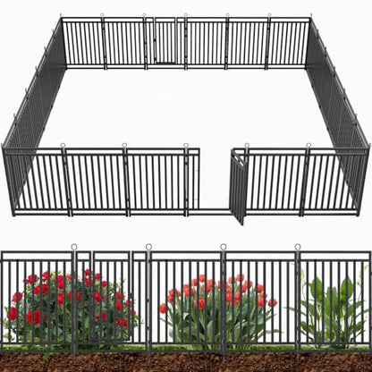 Decorative Garden Fence 54ft (L) × 40in (H), 21 Panels + 3 Gates, Metal Dog Fence Outdoor for Yard, Rust-Proof Animal Barrier Fencing for Patio & Flower Bed, Black-Silver - size: 40in(H)x54ft(L)