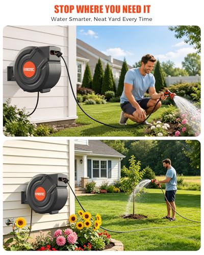 130FT Retractable Garden Hose Reel 1/2 Inch, Heavy Duty Wall Mounted Water Hose with Metal Bracket, Auto-Lock, Slow Return, 180° Swivel & 9-Pattern Spray Nozzle, UV Resistant Outdoor