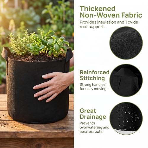 5 Pack 3 Gallon Grow Bags, Heavy Duty Nonwoven Fabric Pots with Handles, Plant Grow Bags for Vegetables, Flowers, and Fruits, Aeration Planters for Outdoor and Indoor Gardening