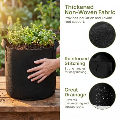 5 Pack 3 Gallon Grow Bags, Heavy Duty Nonwoven Fabric Pots with Handles, Plant Grow Bags for Vegetables, Flowers, and Fruits, Aeration Planters for Outdoor and Indoor Gardening