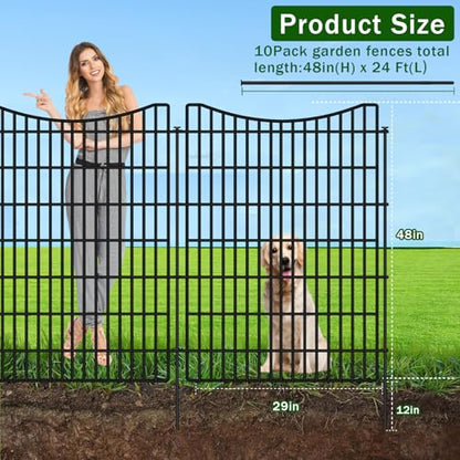 10 Panels No Dig Dog Fence Outdoor for Yard, 48 in (H) x 23.6 ft (L) Animal Barrier Fence Rustproof Metal Wire Panel Border for Dog, Tall Garden Fenceing Panels Temporary Ground Stakes for Yards,Patio - size: 48 in（H）