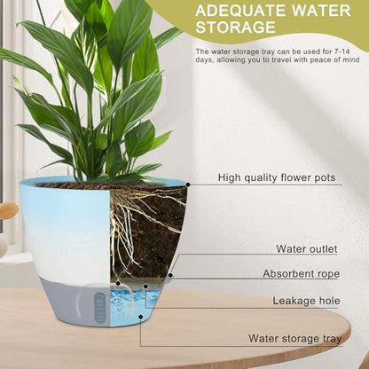 4-Piece Planter Set, 12/10/9/8-inch Self-Watering Pots with Drainage Holes, Deep Trays, Water Level Indicators, Suitable for Plants (12/10/9/8-inch, White Gradient Design)