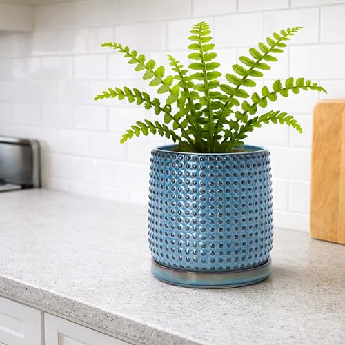 D'vine Dev Beaded Ceramic Pot with Saucer, 6 in, Ocean Teal, 27-C-X-8 - color: Ocean Teal, size: 5.8 Inch