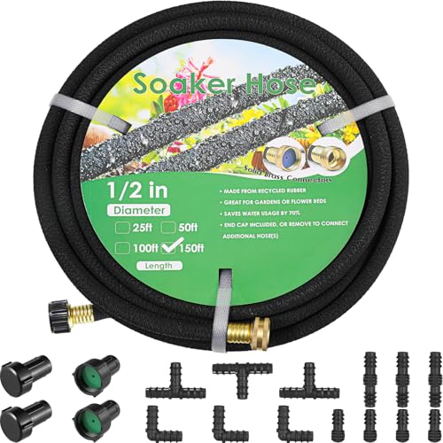 MAMIZO Soaker Hose Kit 150 Ft 1/2" Brass Connectors Heavy Duty Water Saving - size: 150 ft