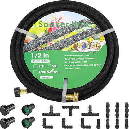 MAMIZO Soaker Hose Kit 150 Ft 1/2" Brass Connectors Heavy Duty Water Saving - size: 150 ft
