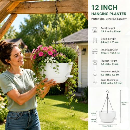 12" Self Watering Hanging Planters with Chains, White, 2 Pack - color: White, size: 2 pack 12 inches