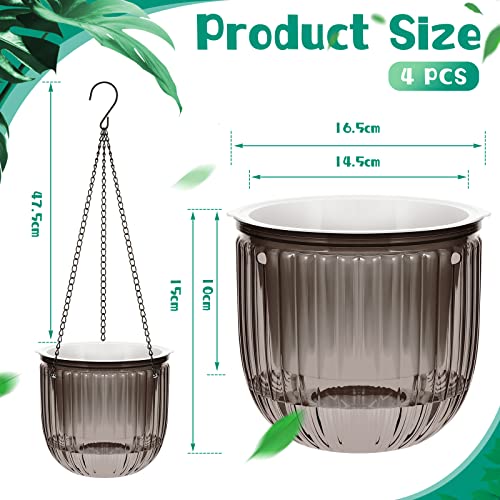 Meanplan 4 Pcs Self Watering Hanging Planter Indoor 6.5 Inch Hanging Baskets for Plants Outdoor Plastic Flower Pot with 3 Hooks Chains Drainage Holes for Garden Home, Medium Size(Gray) - color: Gray