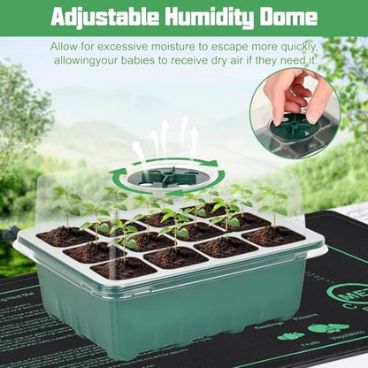 Sckee 6 Pack Seed Starter Tray with 10"x20.75" Seedling Heat Mat, Seed Starter Kit with Humidity Dome, Seed Starting Trays Plant Starter Kit and Base, Kit for Seeds Growing Starting