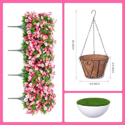 Artificial Flowers with Hanging Basket, Outdoor Faux Plants UV Resistant - color: Pink