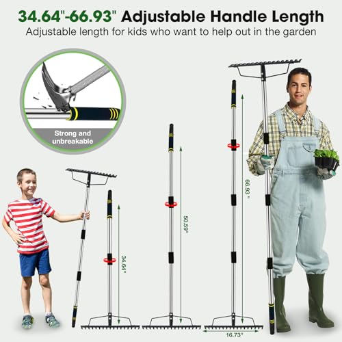 Heavy Duty Bow Rake for Lawns, 17 Tine Metal Rake Level Soil 5.58FT