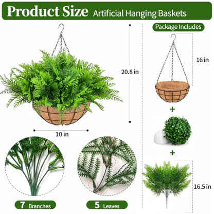 Fake Hanging Plants Fern Baskets, Artificial Ferns for Outdoors, 2 Pack - size: Light Green-2Pack