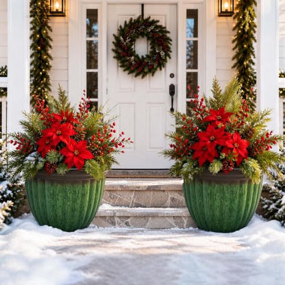 Autodaya 15" Large Planters For Outdoor Plants Set Of 2 Plastic Flower Pots - color: 15"-gradient Emerald Green With Black Rim