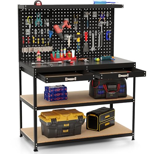 Goplus Workbench with Drawers, 48" x 24" Work Table with Pegboard, Storage, 4 Shelves, 24 Hanging Accessories, 506 LBS Capacity, Heavy-Duty Metal Tool Work Bench for Garage, Workshop - color: Black, size: 48" x 24" with Drawer