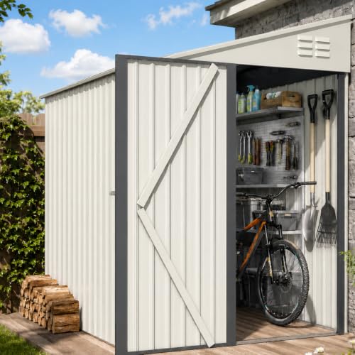 AECOJOY Shed Outdoor Lean to Storage Shed, 4.2' x 7' Small Metal Wall Side Door Sheds & Outdoor Storage, Outdoor Storage Cabinet for Garden, Backyard and Outdoor Use in White - color: White, size: 4' x 7'
