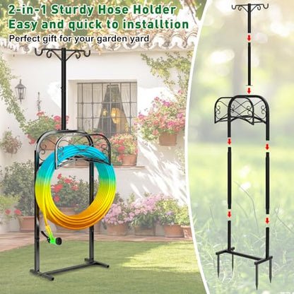 Gtongoko Garden Hose Holder for Outside 70" with 4 Prongs Base & 2 Shepherds Hooks Heavy Duty Freestanding Metal Water Hose Holder Stand Holds Up to 150FT Hose & 44LB Detachable Hose Storage for Yard - size: 70 Inch