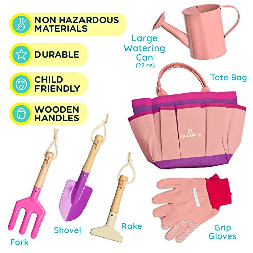 Kinderific Gardening Set, Tool Kit, for Kids, STEM, Includes Tote Bag, Spade, Watering Can, Rake, Fork, Trowel and Gloves (Princess Pink) - color: Princess Pink