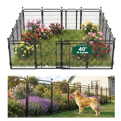 40 in(H) Garden Fence Outdoor for Yard with 2 Gravity Automatic Lock Gates,Heavy Duty Iron 16 Panels Total 34.7ft(L) Outdoor Dog Metal Animal Barrier Fence for Patio & Flower Bed,Black - color: Black, size: 40 Inch