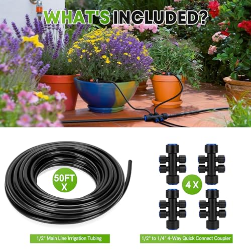 50FT 1/2"(OD) Drip Irrigation Tubing with 4 Fittings - size: 50FT 1/2”(OD) Tube