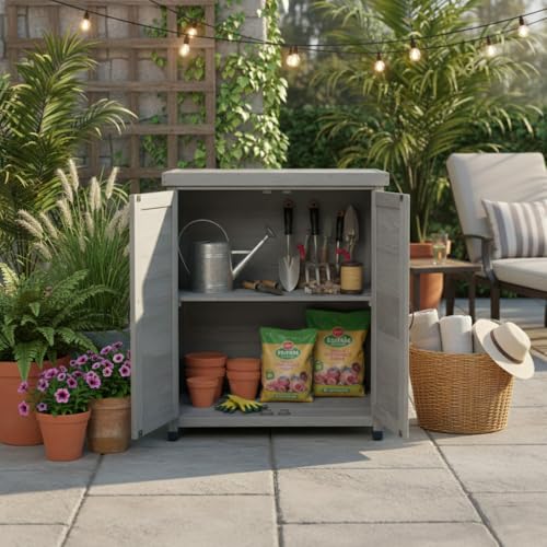 Outdoor Potting Bench with Storage Cabinet Metal Table Top Hemlock Wood Weatherproof Work Station for Patio Yard Deck Garage (Gray) - color: Gray