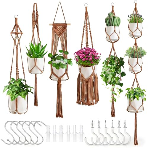 Macrame Plant Hangers, 6Pack Hanging Plant Holders Indoor, Caramel - color: Caramel