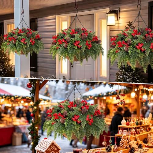 2 Set Christmas Hanging Baskets, Winter Hanging Baskets for Outdoors - color: Cedar