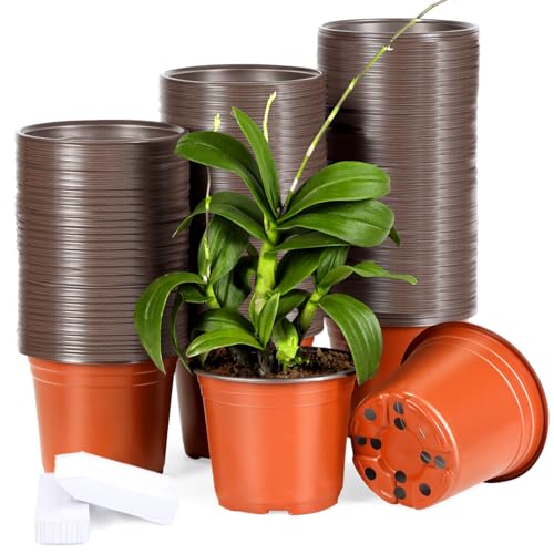 6 Inch 200 Pack Plastic Nursery Pots with Drainage Holes with 200pcs Labels - size: 6inch 200pcs