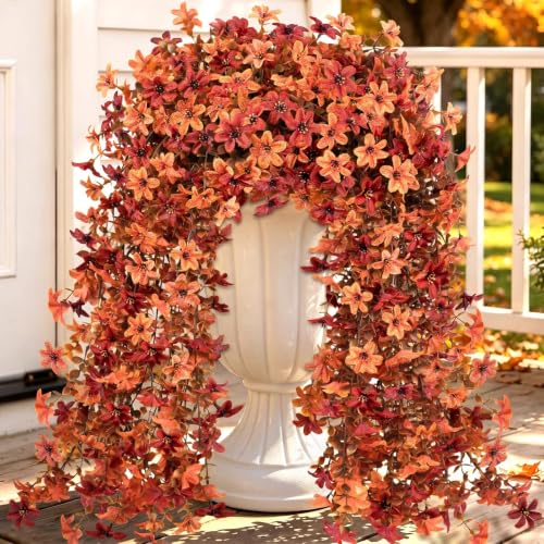 10PCS Artificial Fall Hanging Flowers for Outdoor Realistic hanging Mums - color: Burgundy + Orange-a