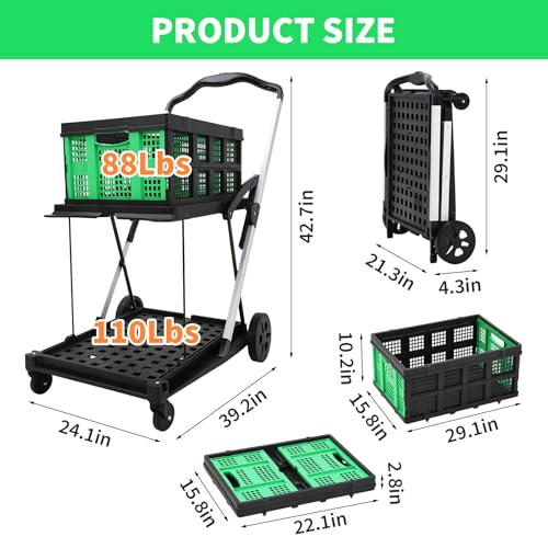 Versatile 2-Tier Folding Garden Trolley – Removable Crate, Lightweight Collapsible Utility Cart with Wheels for Groceries, Home, Yard, Portable Rolling Market Cart, Green - color: Green