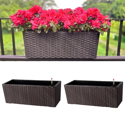 LaLaGreen Outdoor Rail Planter for Balcony (20 Inch, 2 Pack) Large Black Self Watering Railing Planters with Brackets, Rectangular Plastic Window Flower Box Fence Designer Choice with Rattan Pattern - color: Brown X 2