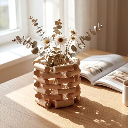 Farmhouse Solid Wood Openwork Vase - with 3.5 Inch Borosilicate Glass Liner, Indoor Tabletop Decor, Versatile Floral Container for Fresh & Dried Flowers, Hydroponics and Mini Potted Plants