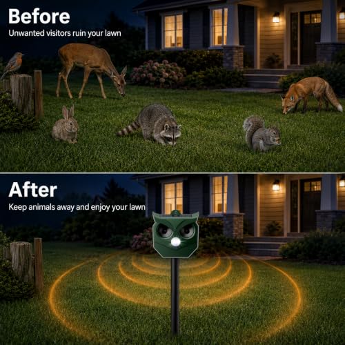 Solar Ultrasonic Animal Repeller, Outdoor Cat Deterrent for Deer Squirrels