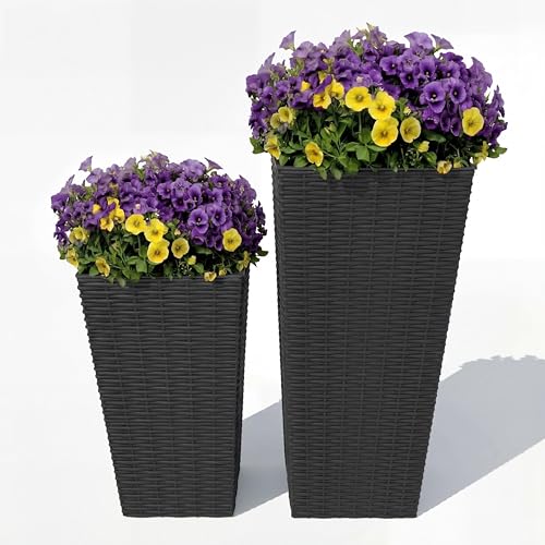 24 Inch Tall Outdoor Planters with Rattan Texture - Set of 2, Large Flower Pots for Patio, Garden, Indoor & Outdoor Use, with Removable Inner Pot & Drainage Holes - color: Black, size: 24inch + 32inch