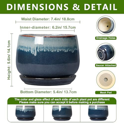 7 Inch Plant Pot Indoor, Ceramic Plant Pots, Retro Blue - size: 7 Inch, style: Retro